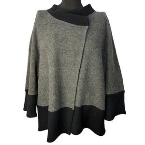 JM Collection Womens XXL All Wool Gray Black Color Block Open Front Poncho Cape